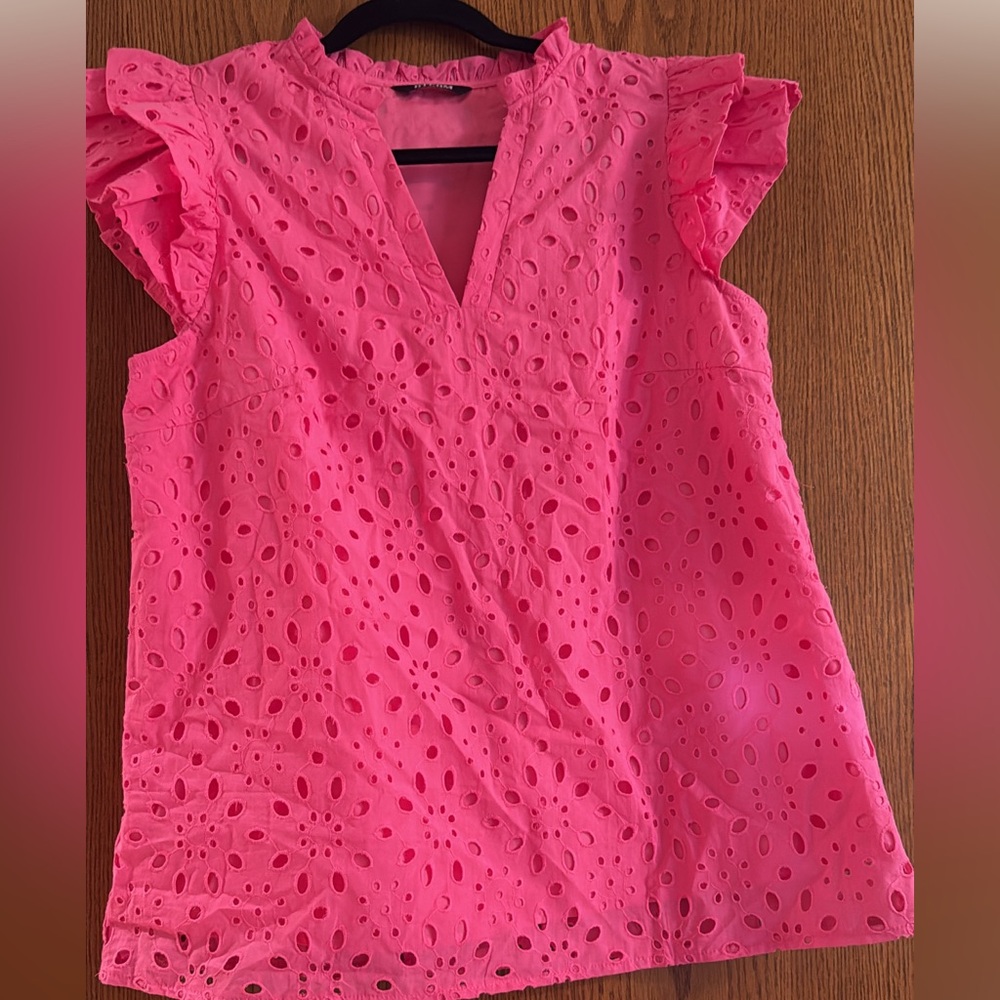 Pink Eyelet Ruffle Sleeve Blouse